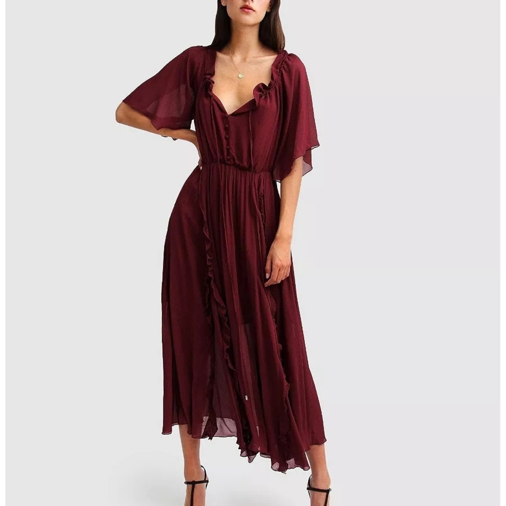 Chic Burgundy Midi Dress with Ruffle Detail